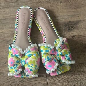 Betsey Johnson Pink and Green Floral Mules with Pearls
